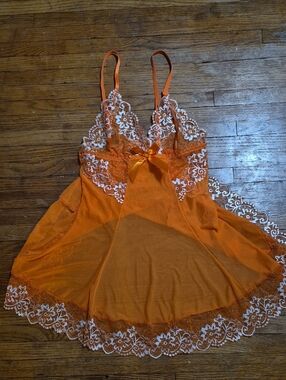 Orange Lace Trim Sheer Chemise - Women Intimates